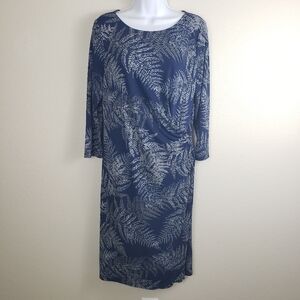 Talbots Faux Wrap Palm/Fern Foliage Print 3/4 Sleeves Career Midi Dress Size L